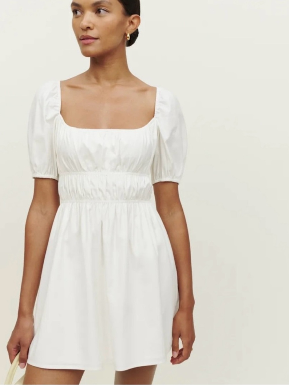 Reformation White Square-Neck Puff-Sleeve Mini Dress